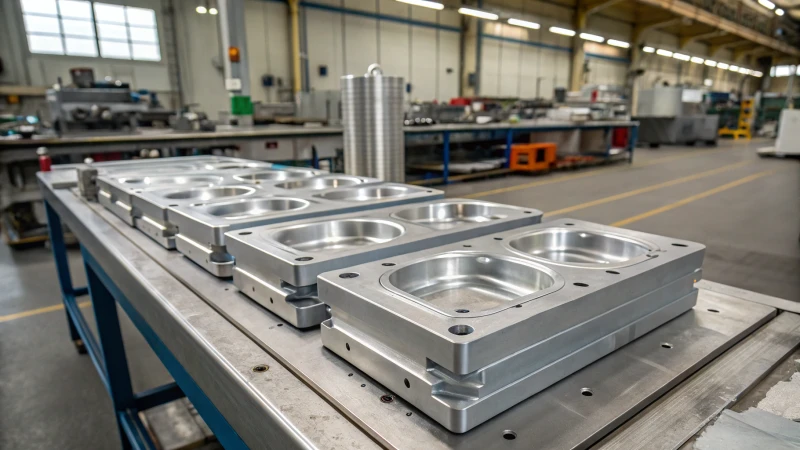 Close-up of polished steel molds on a workbench