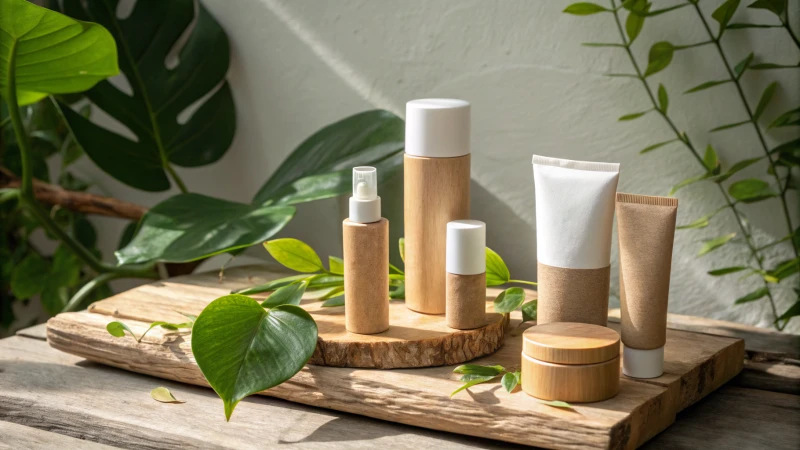 Stylish airless tubes on a wooden surface with green leaves