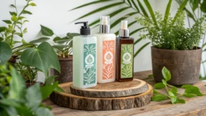 Collection of eco-friendly cosmetic bottles on a rustic wooden surface surrounded by plants.