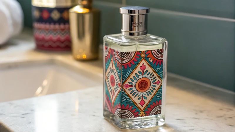 Close-up of a stylish glass cosmetic bottle with colorful prints