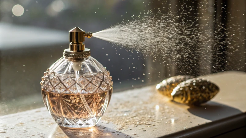 Close-up of a stylish perfume atomizer spraying mist