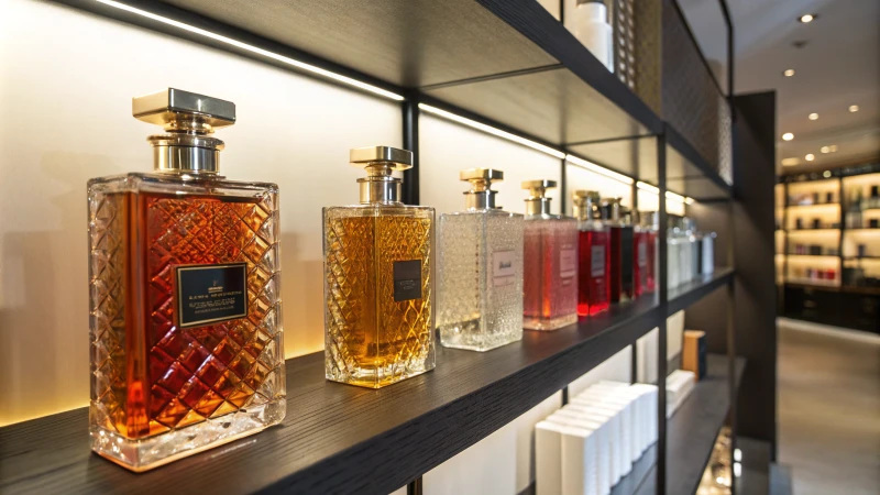 A collection of various perfume bottles elegantly arranged on a modern shelf.