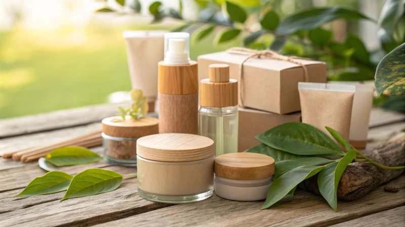 Eco-friendly cosmetic packaging displayed on a wooden surface