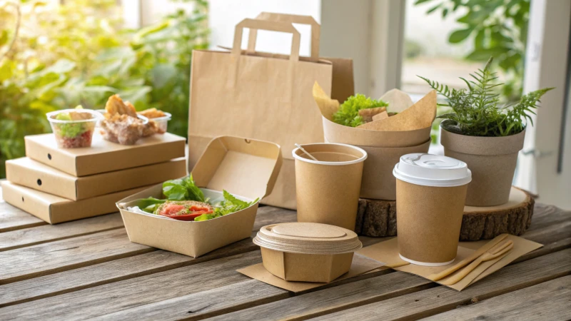 A variety of sustainable packaging designs on a wooden table