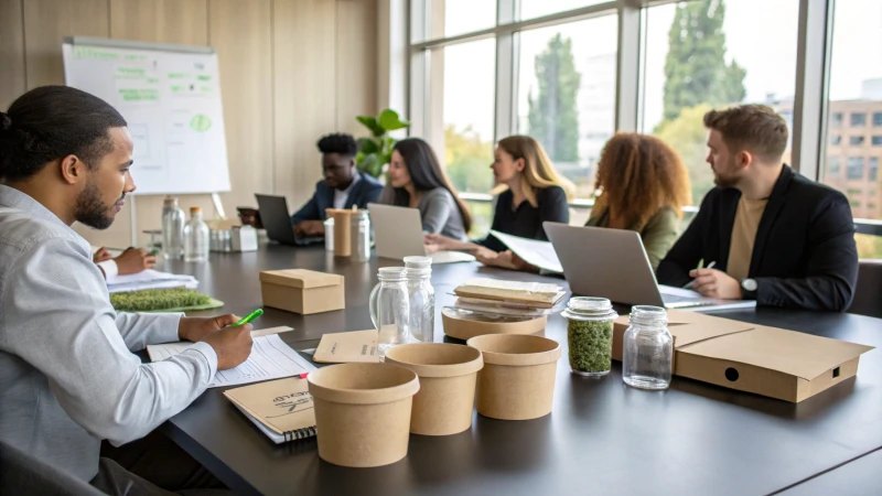 A diverse group of professionals at a conference table discussing sustainable packaging options