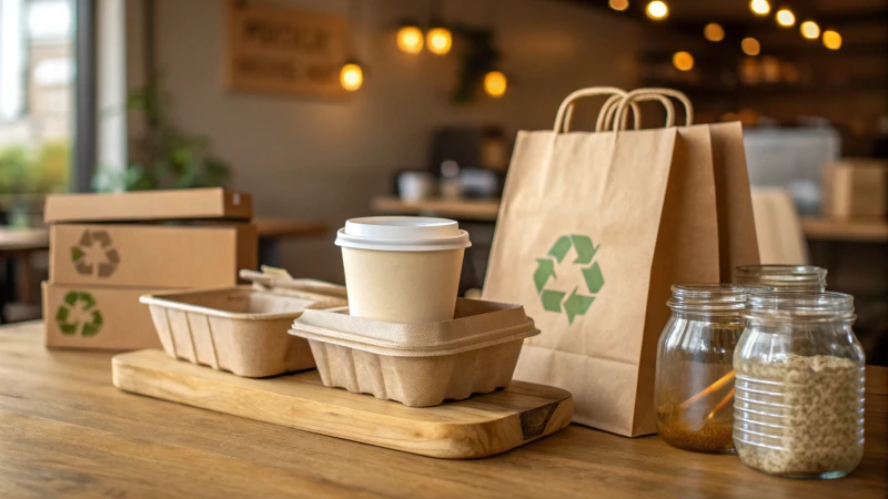 A variety of sustainable packaging options on a wooden table