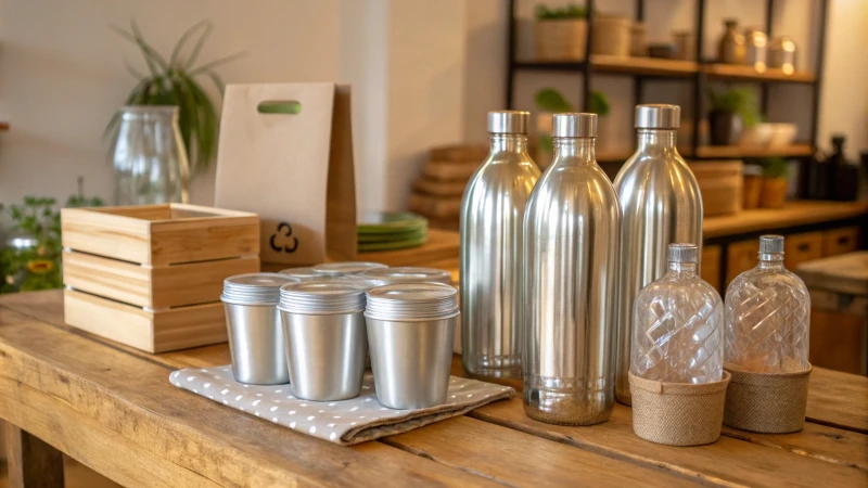 A variety of sustainable refillable packaging materials on a wooden table