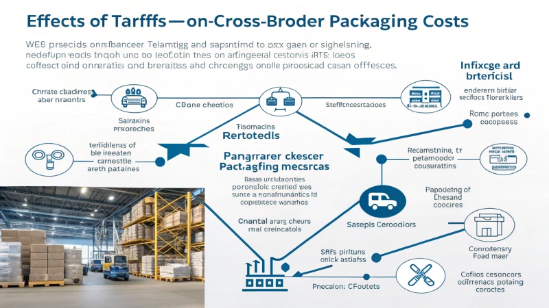 Infographic showing the impact of tariffs on packaging costs with arrows and icons.