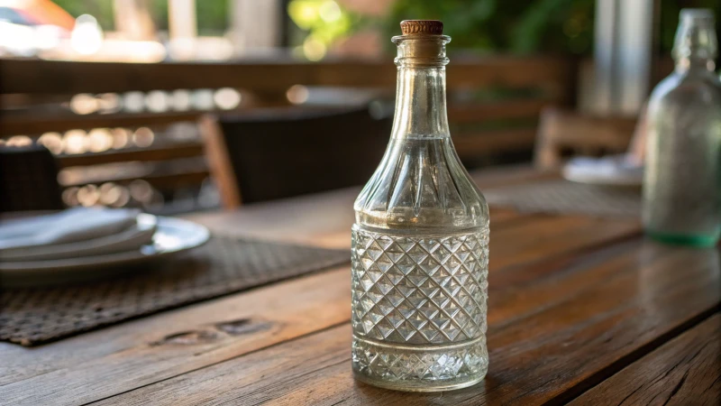 Close-up of a textured glass bottle on a wooden table