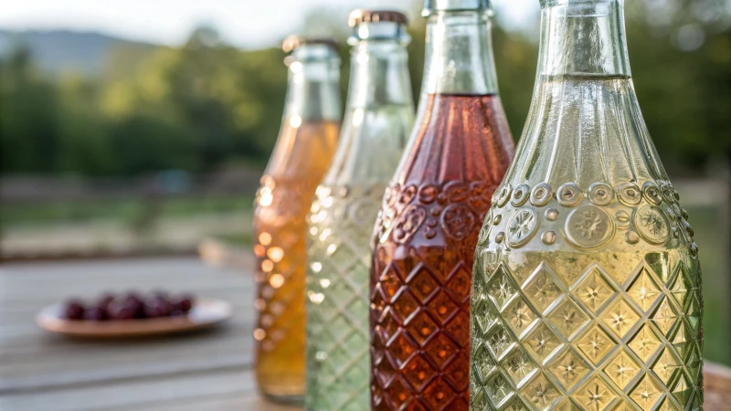 Close-up of textured glass bottles