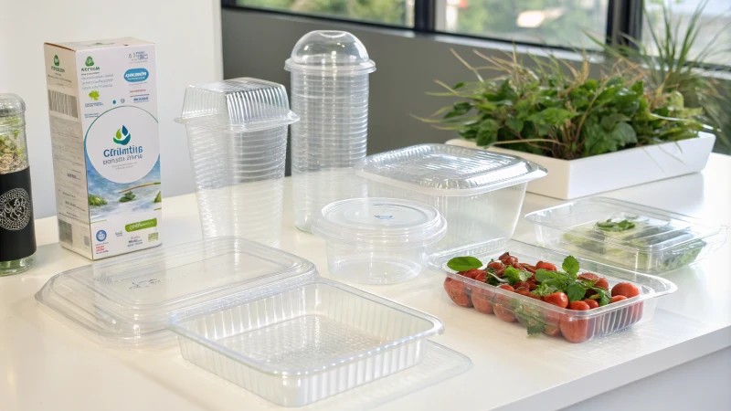 A collection of transparent PET plastic containers arranged on a clean surface