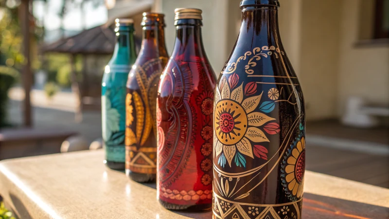 Close-up of colorful UV printed glass bottles