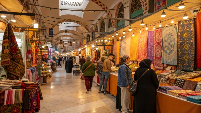 A busy marketplace with colorful stalls and diverse people