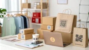 A display of various online retail packaging solutions in a minimalistic workspace.