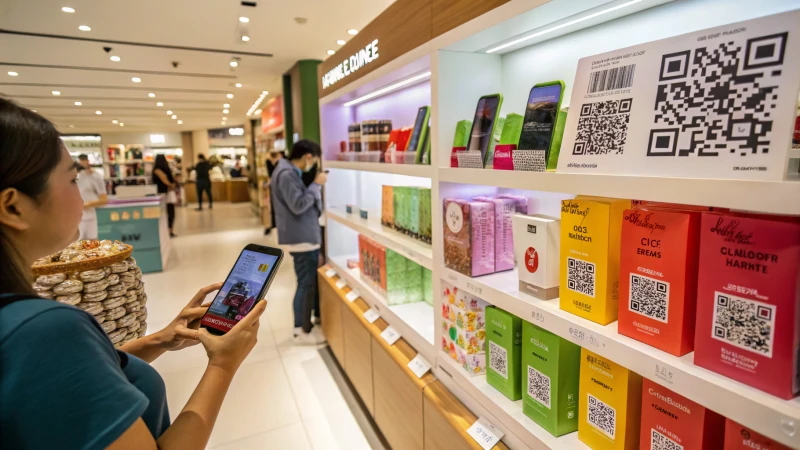 A modern retail display with QR codes and NFC tags on product packaging