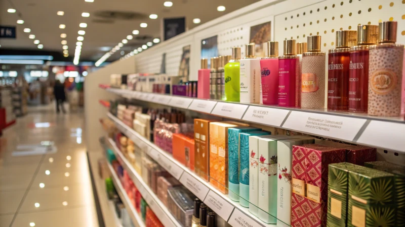 A vibrant retail shelf filled with diverse cosmetic products