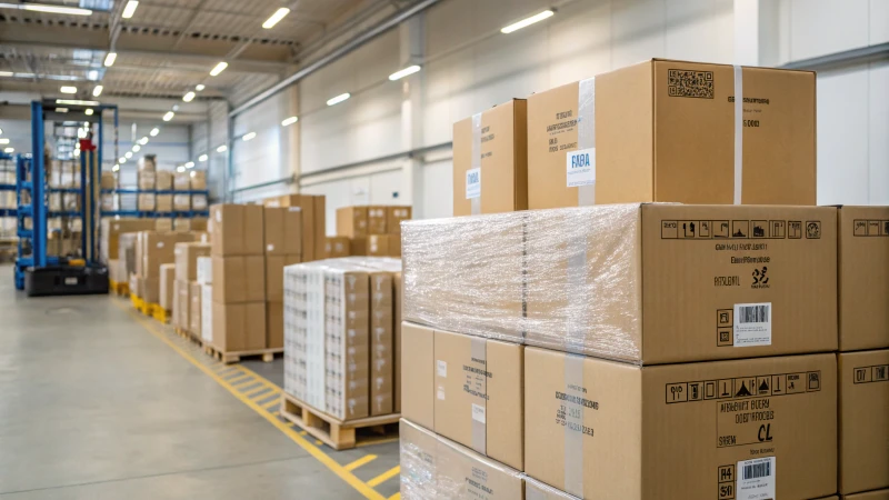 A bright and organized warehouse filled with neatly stacked cardboard boxes