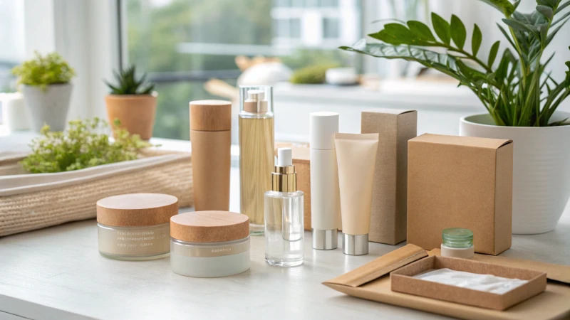 A clean workspace showcasing various cosmetic packaging materials