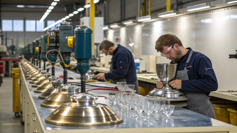 A workshop scene with automated polishing machines and artisans polishing glassware.