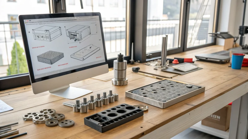 A well-organized workstation for mold development with tools and materials.