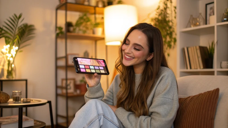 A young woman smiling while using a smartphone to apply virtual makeup in a cozy living room.