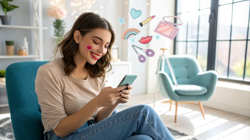 Young woman using smartphone with virtual makeup overlays