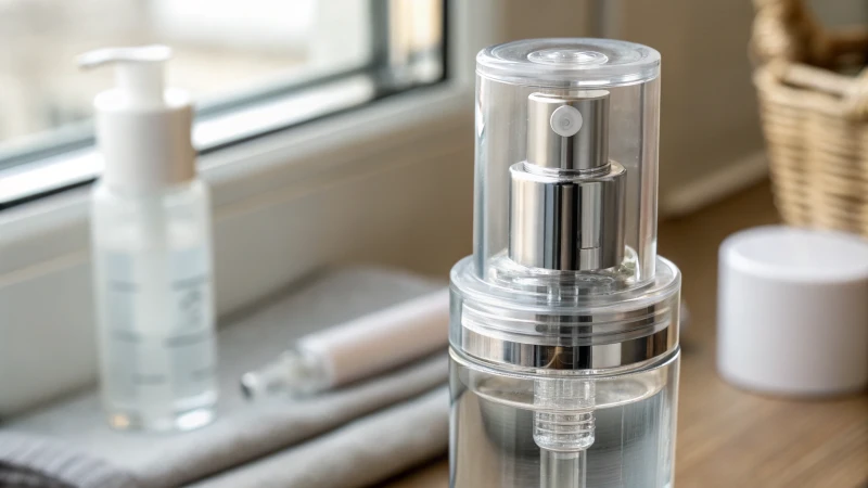 Close-up of a transparent airless pump bottle showcasing its vacuum mechanism.