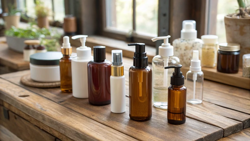 Aesthetic arrangement of airless pump bottles on a rustic wooden table