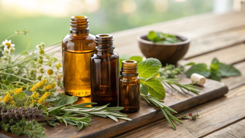 A display of amber glass bottles on a wooden table surrounded by herbs