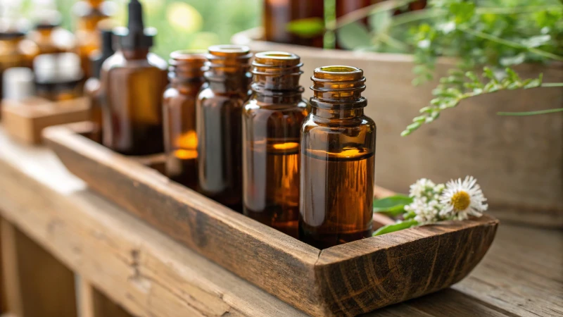 Close-up of amber glass bottles with essential oils on a wooden shelf