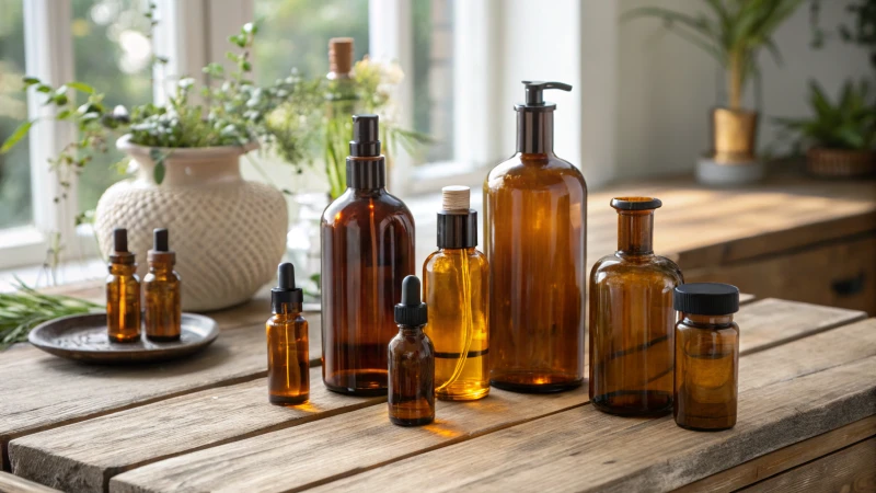 Elegant amber glass bottles on a rustic table