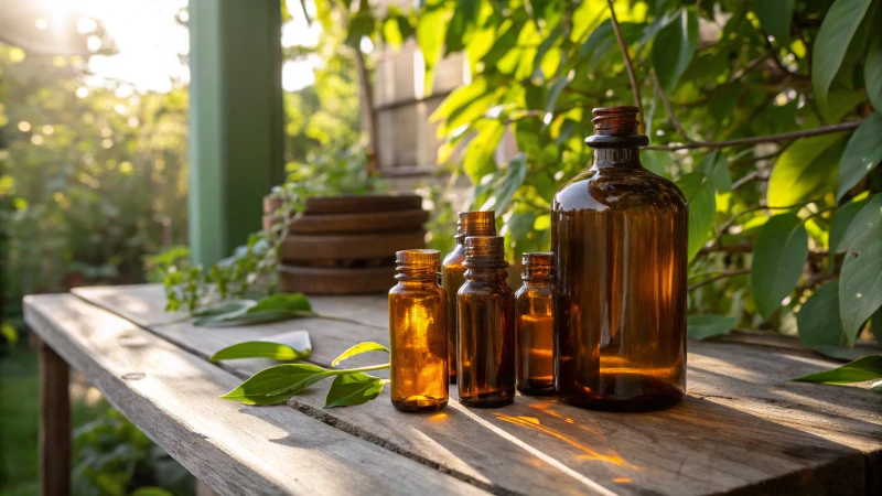 Aesthetic arrangement of amber glass bottles on a rustic table