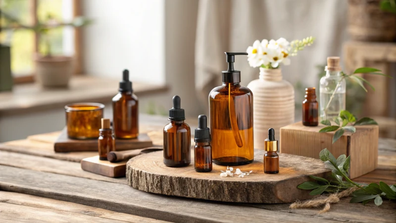 Various amber glass cosmetic bottles on a rustic wooden table