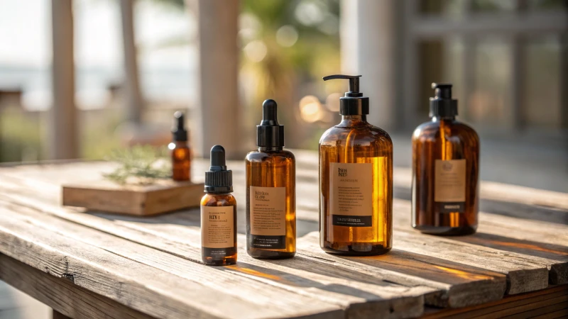 A collection of elegant amber glass cosmetic bottles on a wooden table