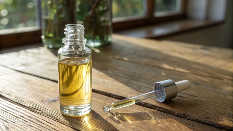 A borosilicate glass dropper bottle on a wooden table