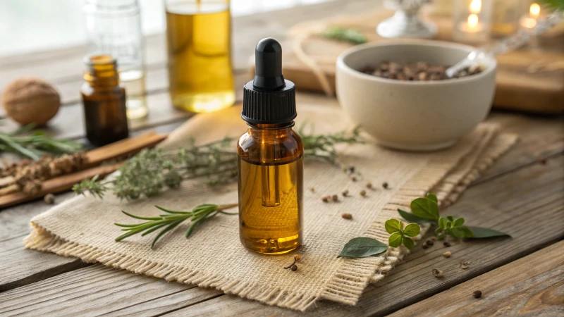 Child-resistant glass dropper bottle filled with essential oil on wooden table