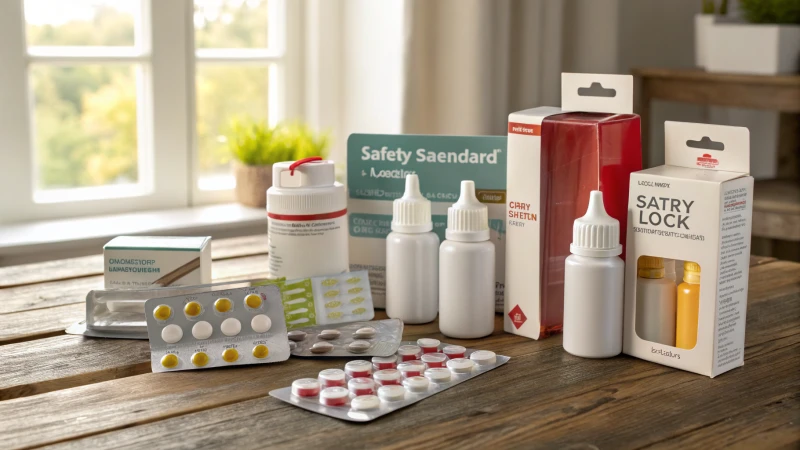 Various types of child-resistant packaging displayed on a wooden table