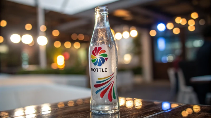 A clear glass bottle featuring a colorful logo against a blurred background