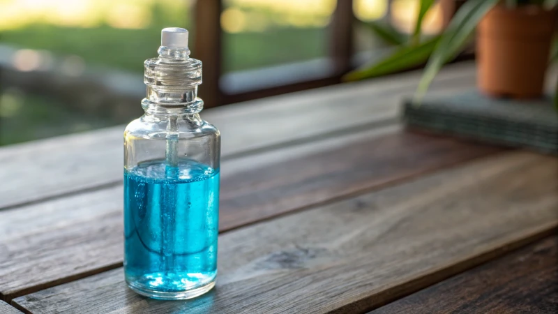 A clear glass dropper bottle filled with blue liquid on a wooden table