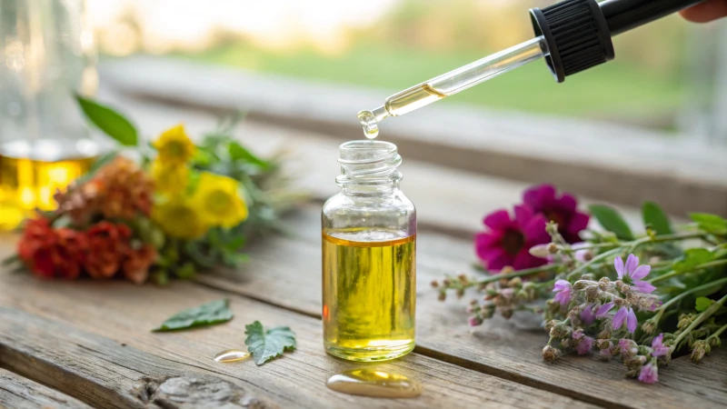 A clear glass dropper bottle with colorful essential oil on a wooden table