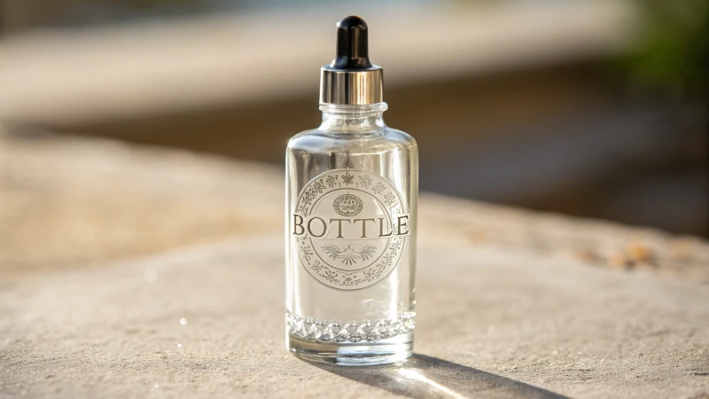 Photorealistic image of a clear glass dropper bottle with embossed logo