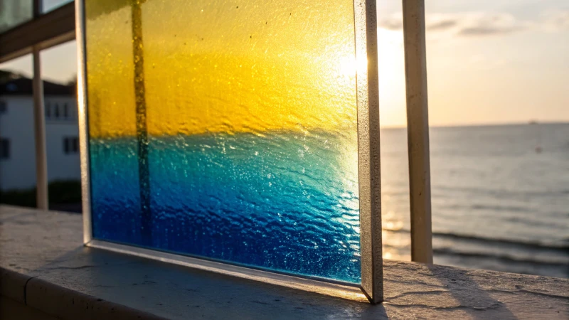 Close-up of a glass panel with a gradient of blue to yellow