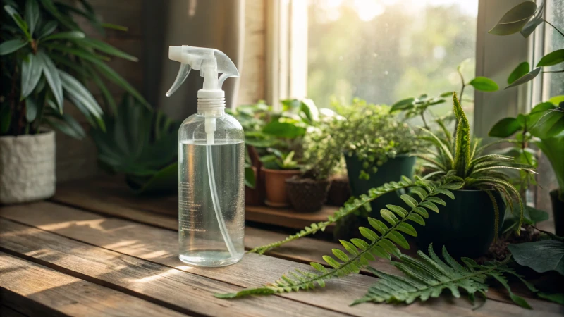 Clear sprayer bottle on a wooden table surrounded by plants