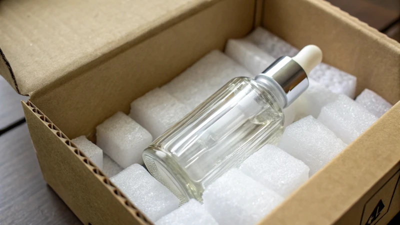 A glass cosmetic bottle nestled in cushioning foam inside a cardboard box.