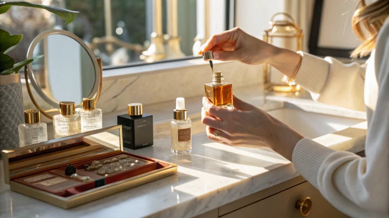 A person refilling a travel perfume bottle at a vanity