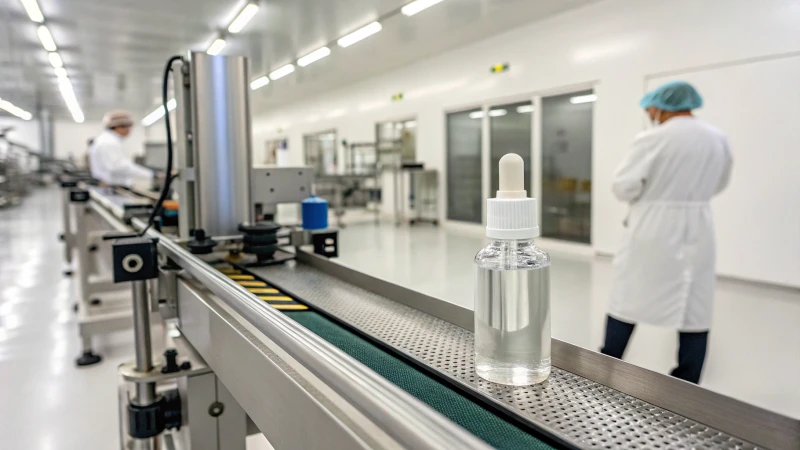 A contemporary serum bottle on a conveyor belt in a sterile manufacturing environment