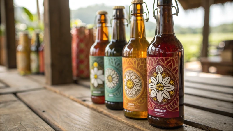 Close-up of custom glass drop bottles on a rustic wooden table