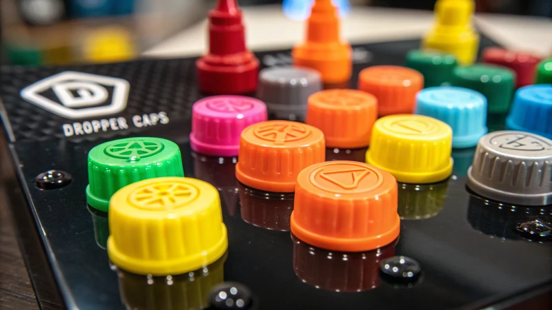 Close-up of colorful customized dropper caps on a black surface