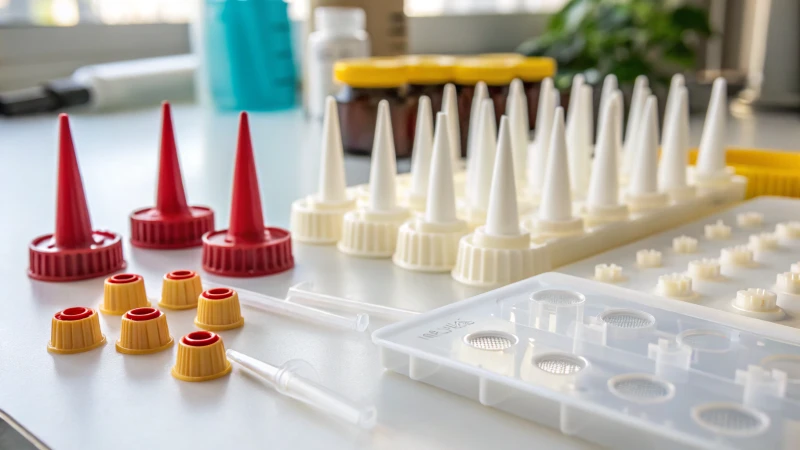 Close-up of various dispensing tips on a laboratory table