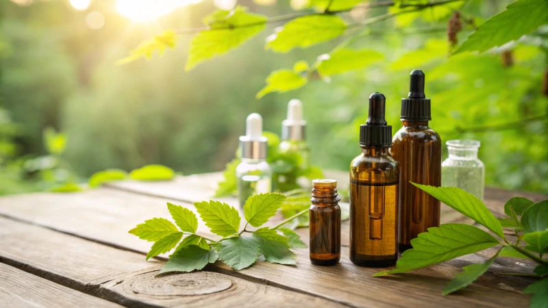 Collection of eco-friendly glass dropper bottles on a wooden table